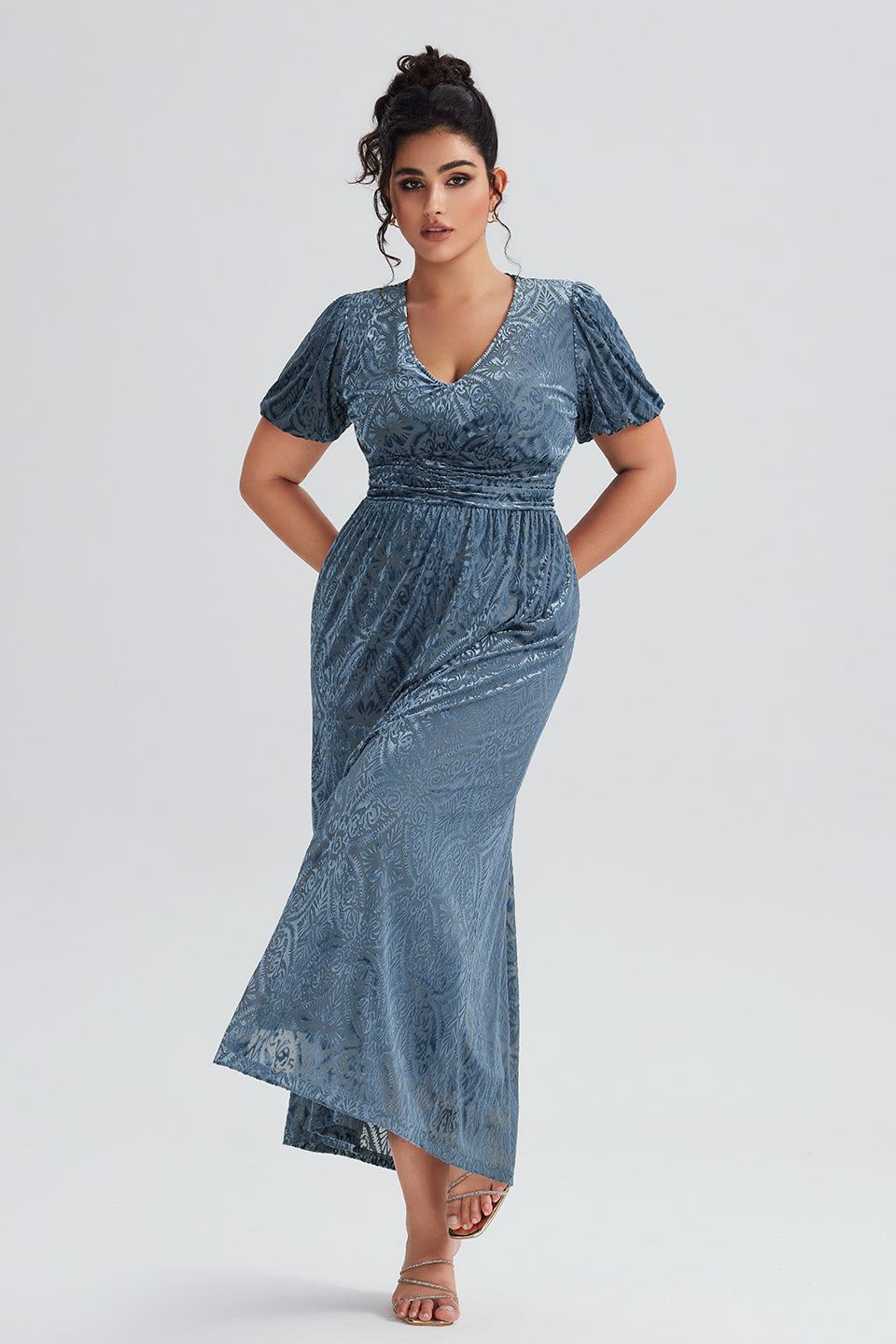 Vanessi Plus Size V-Neck Velvet Plain Maxi Dress