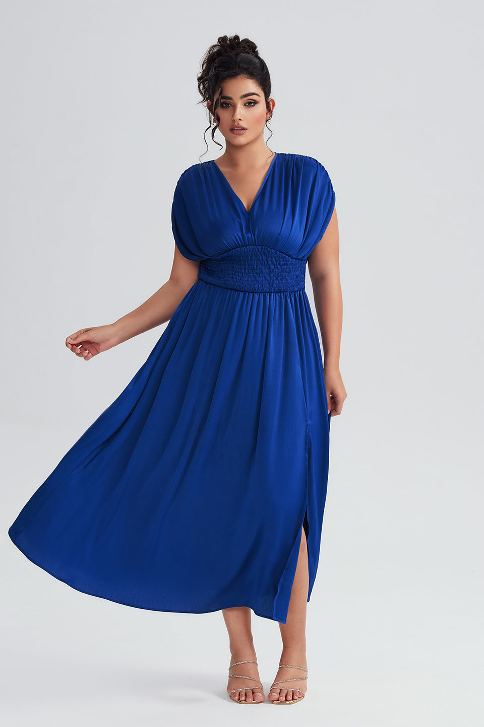 Vanessi Plus Size Elegant Sleeveless Ruffled Shirred Maxi Dress