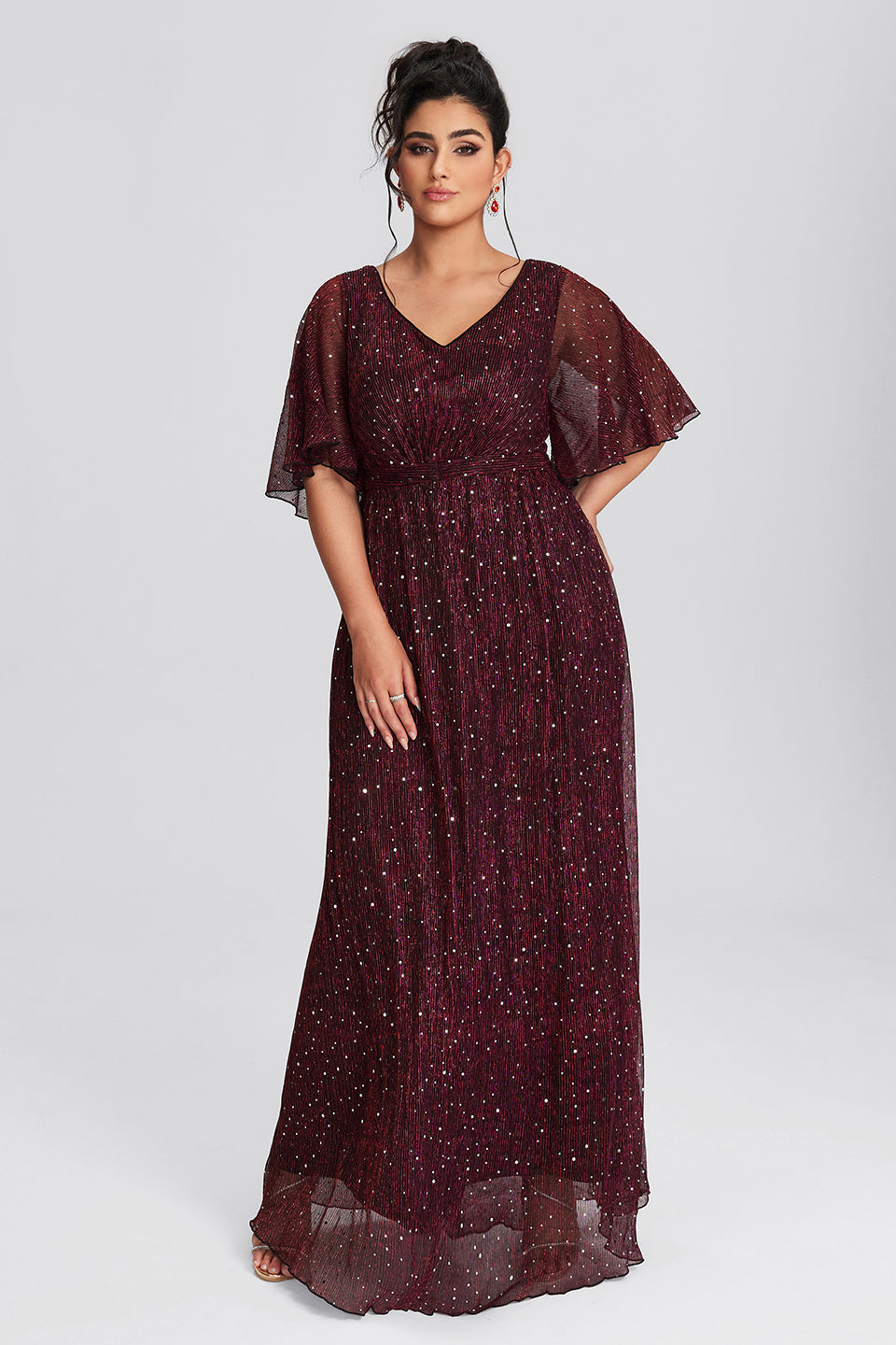 Vanessi Plus Size Ruffle Sleeve Mesh Maxi Dress for Evening