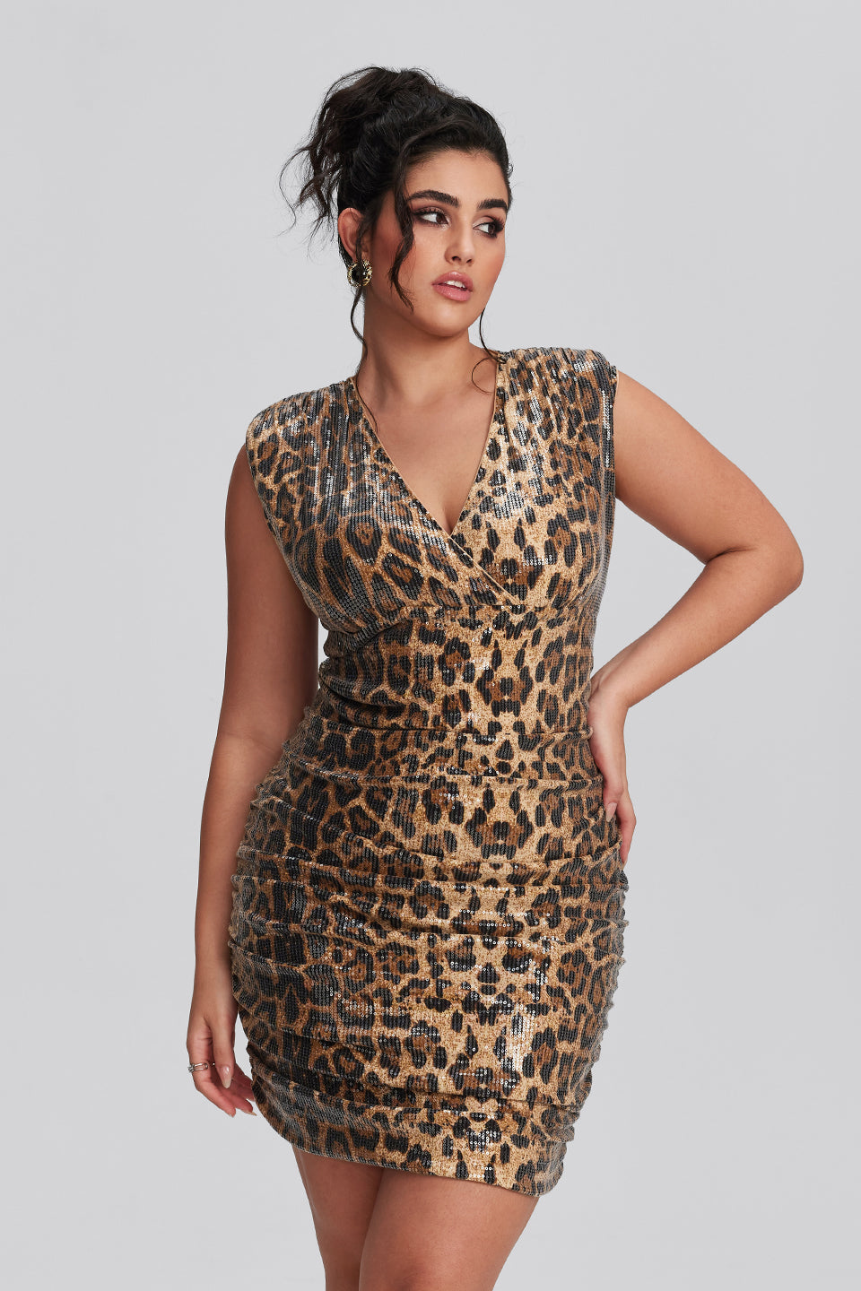 Vanessi Plus Size Leopard V Neck Ruched Sequin Dress