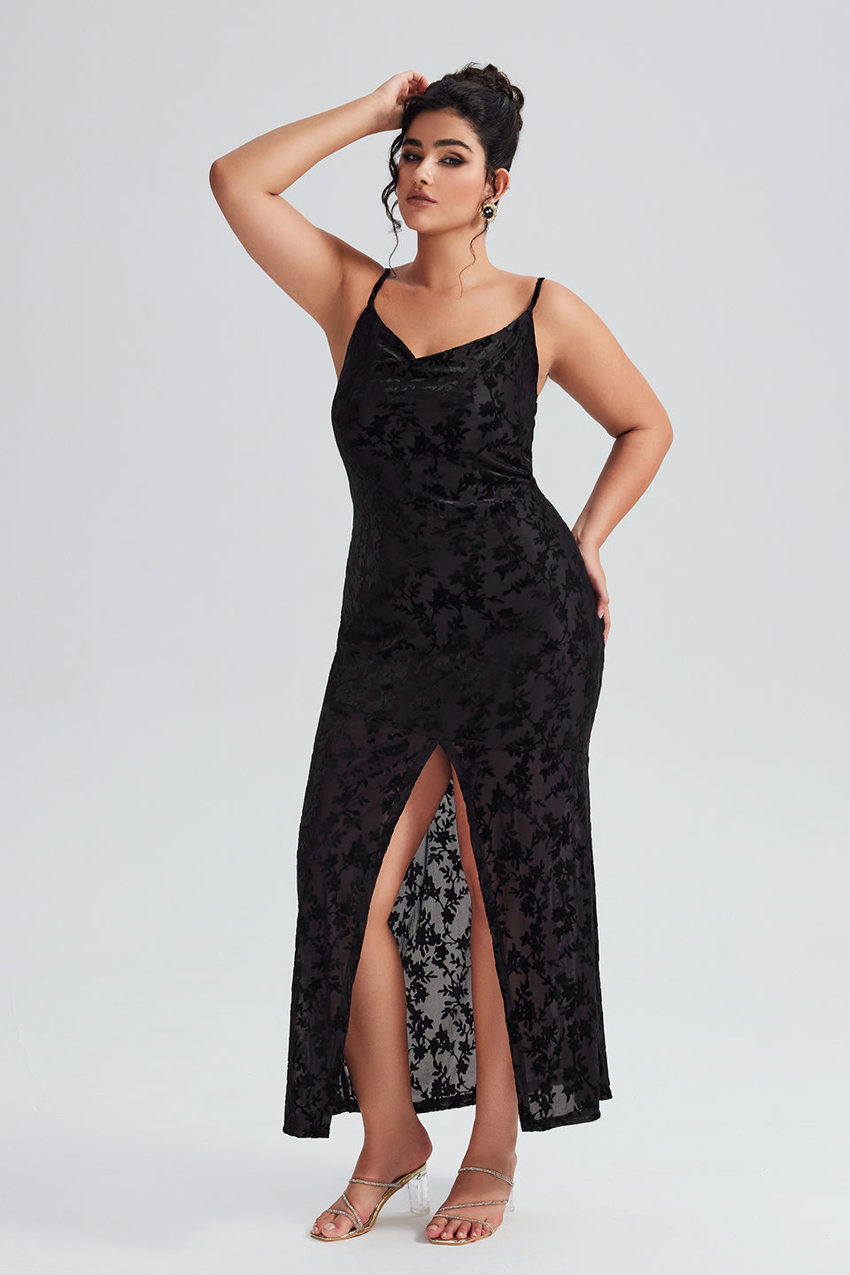 Vanessi Plus Size Velvet Halter V-Neck Slit Maxi Dress