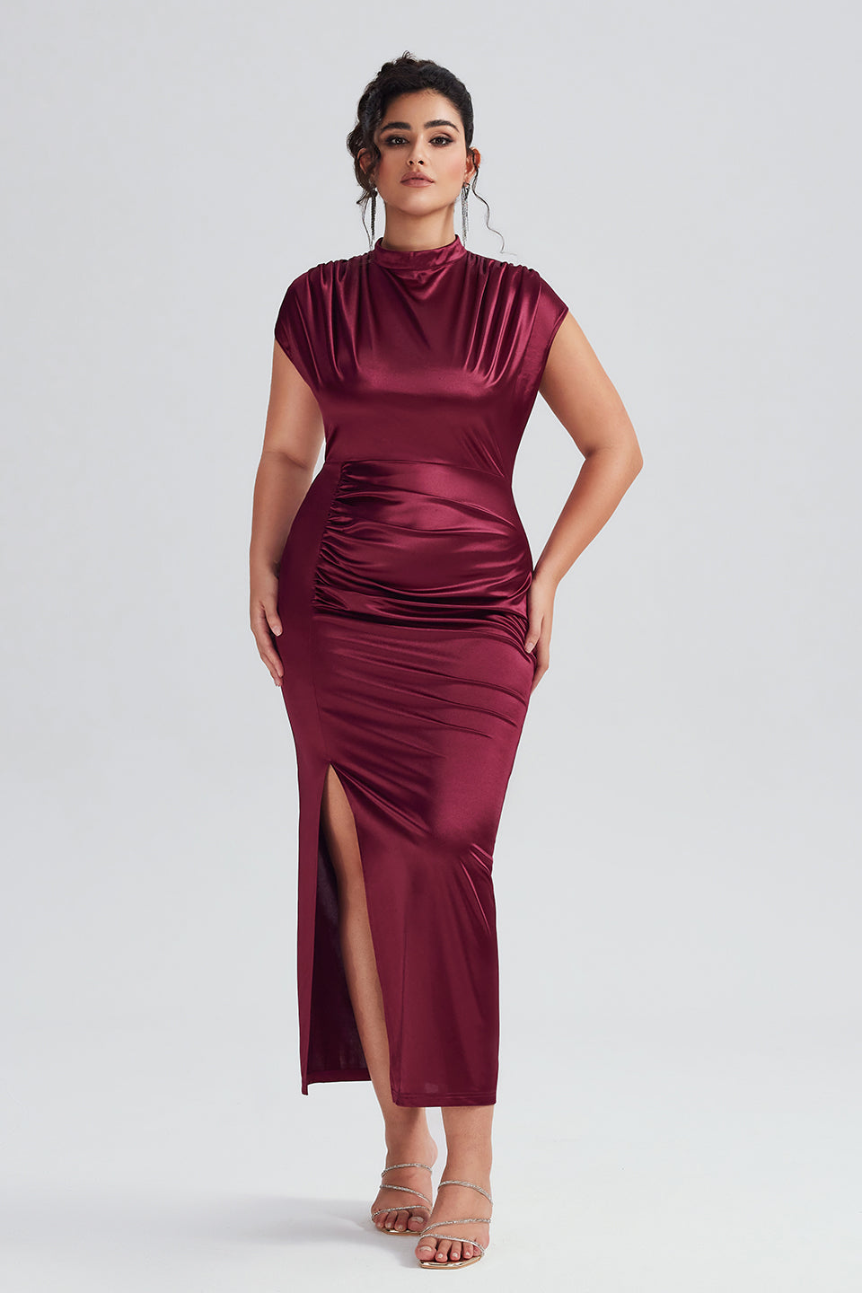 Vanessi Plus Size Satin High-Waisted Ruched Slit Maxi Dress