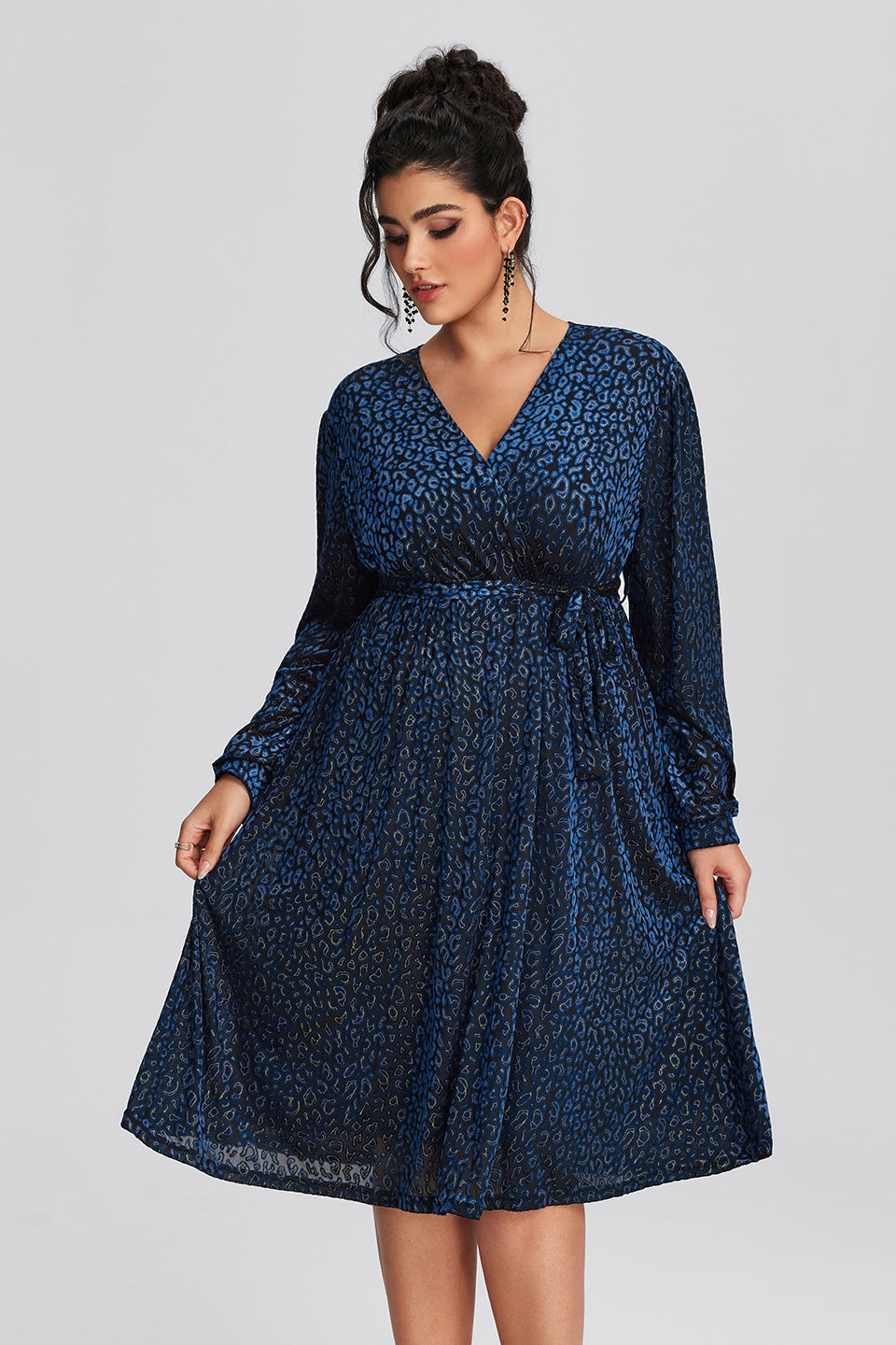 Vanessi Plus Size Leopard Velvet Wrap Midi Dress