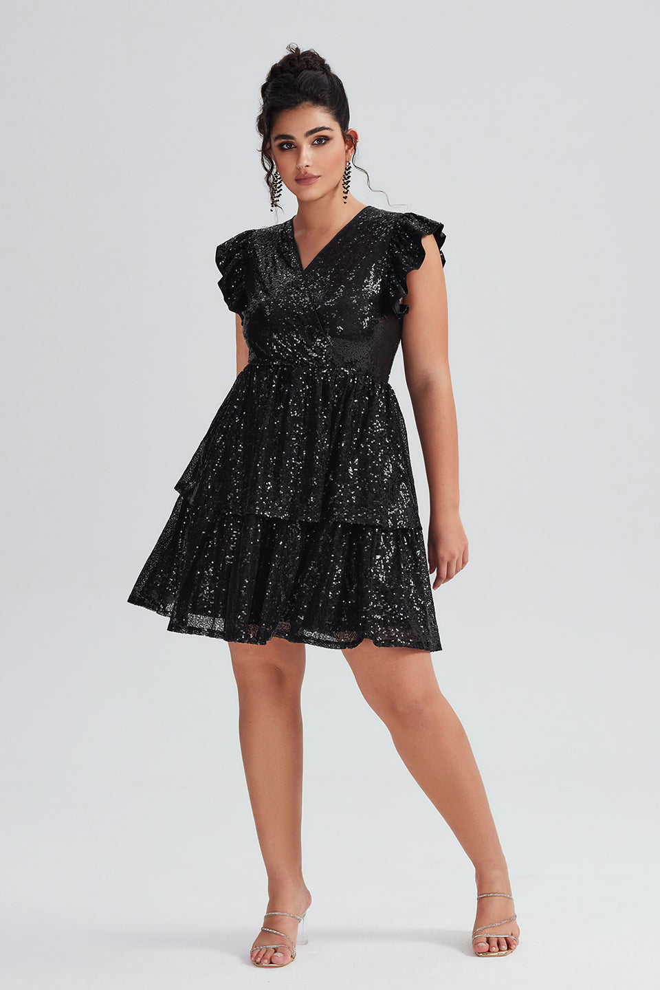 Vanessi Plus Size Flutter Sleeve Patchwork Sequin Dress