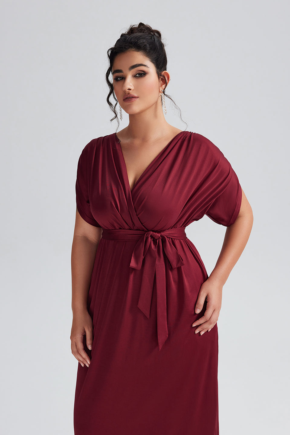 Vanessi Plus Size Elastic Waist Shirred V-Neck Wrap Maxi Dress