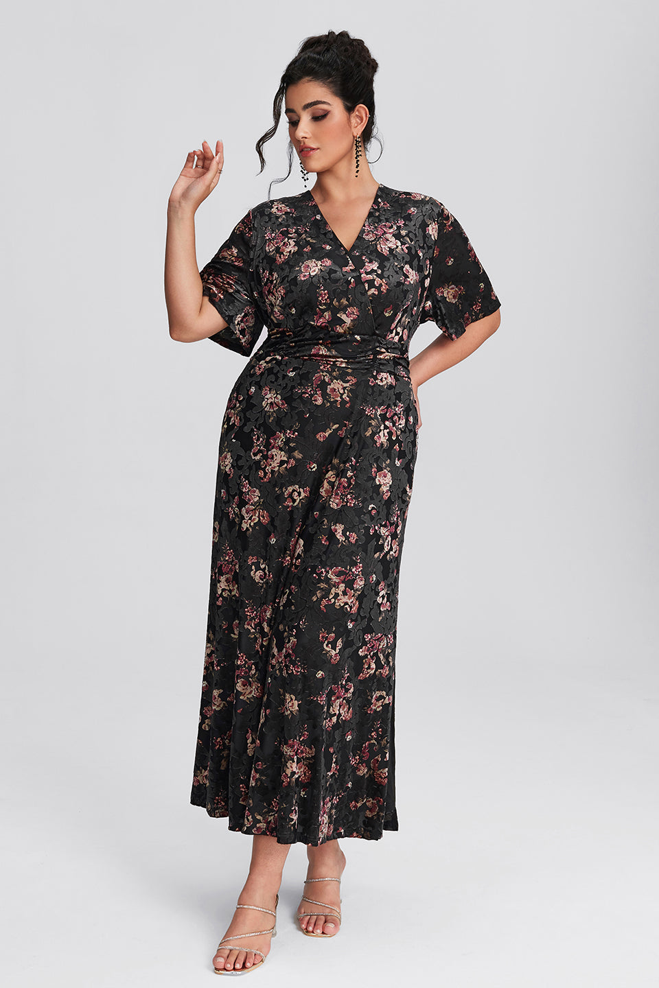 Vanessi Plus Size Velvet Surplice Vintage Plain Maxi Dress