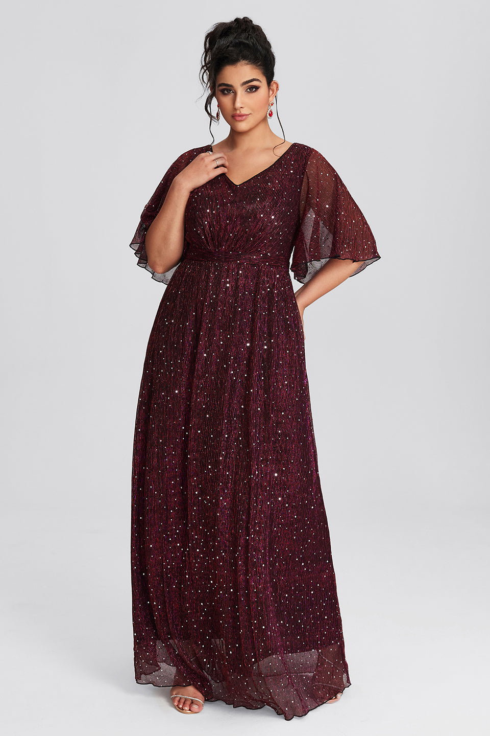 Vanessi Plus Size Ruffle Sleeve Mesh Maxi Dress for Evening