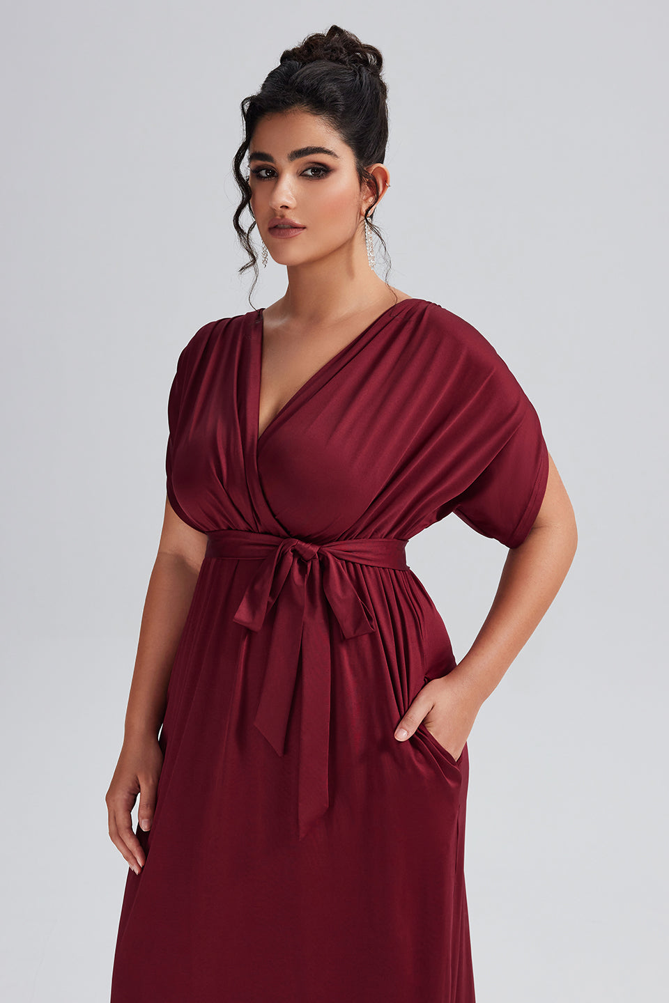 Vanessi Plus Size Elastic Waist Shirred V-Neck Wrap Maxi Dress