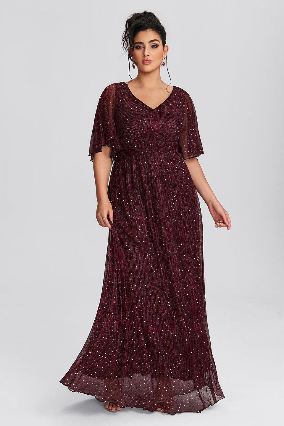 Vanessi Plus Size Ruffle Sleeve Mesh Maxi Dress for Evening