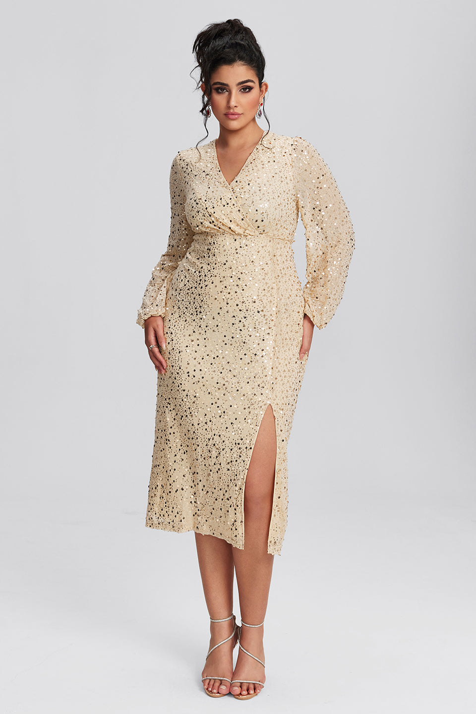 Vanessi Plus Size Embellished Sequin Elegant V-Neck Bodycon Dress
