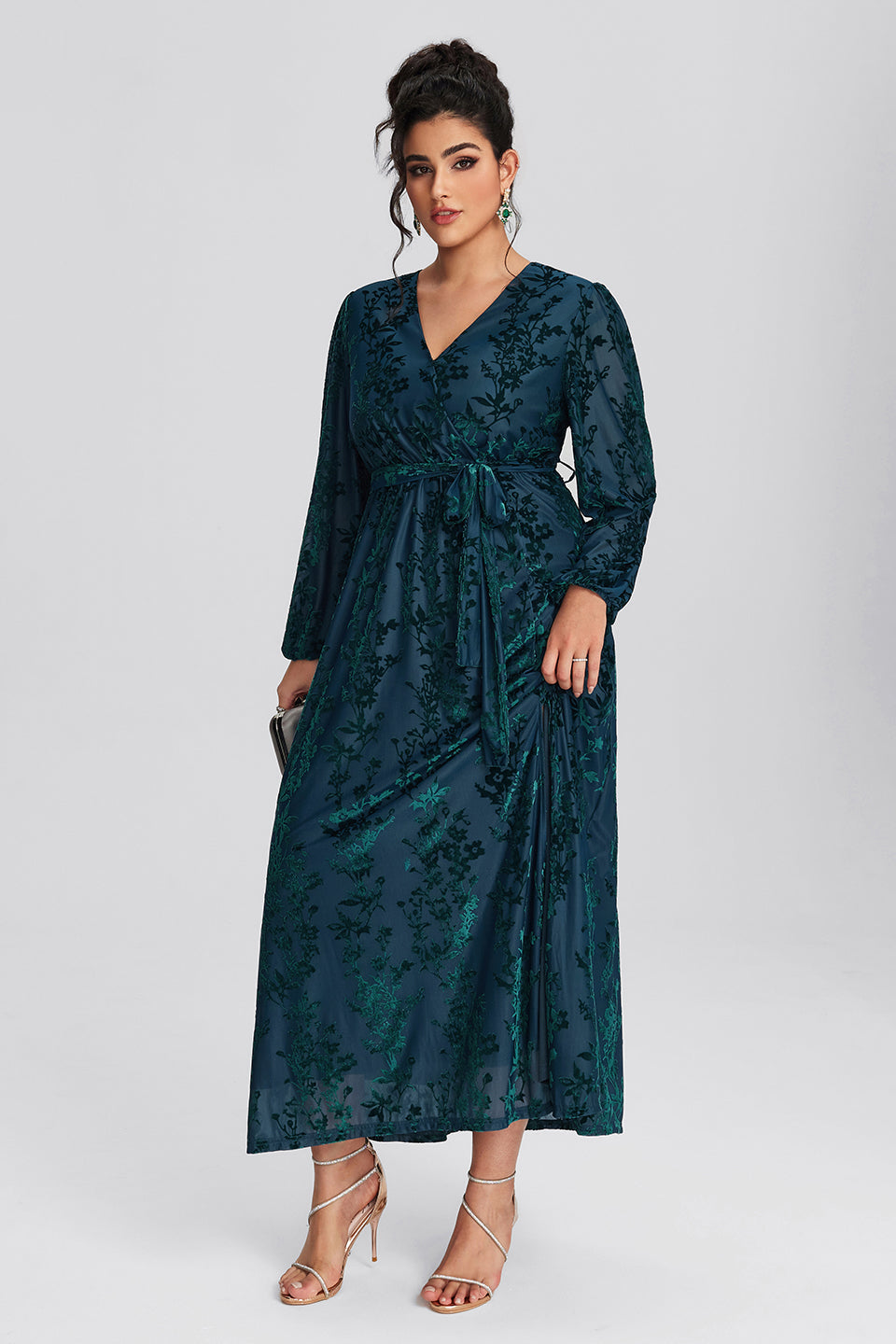 Vanessi Plus Size Floral Print Belted Split Wrap Velvet Maxi Dress