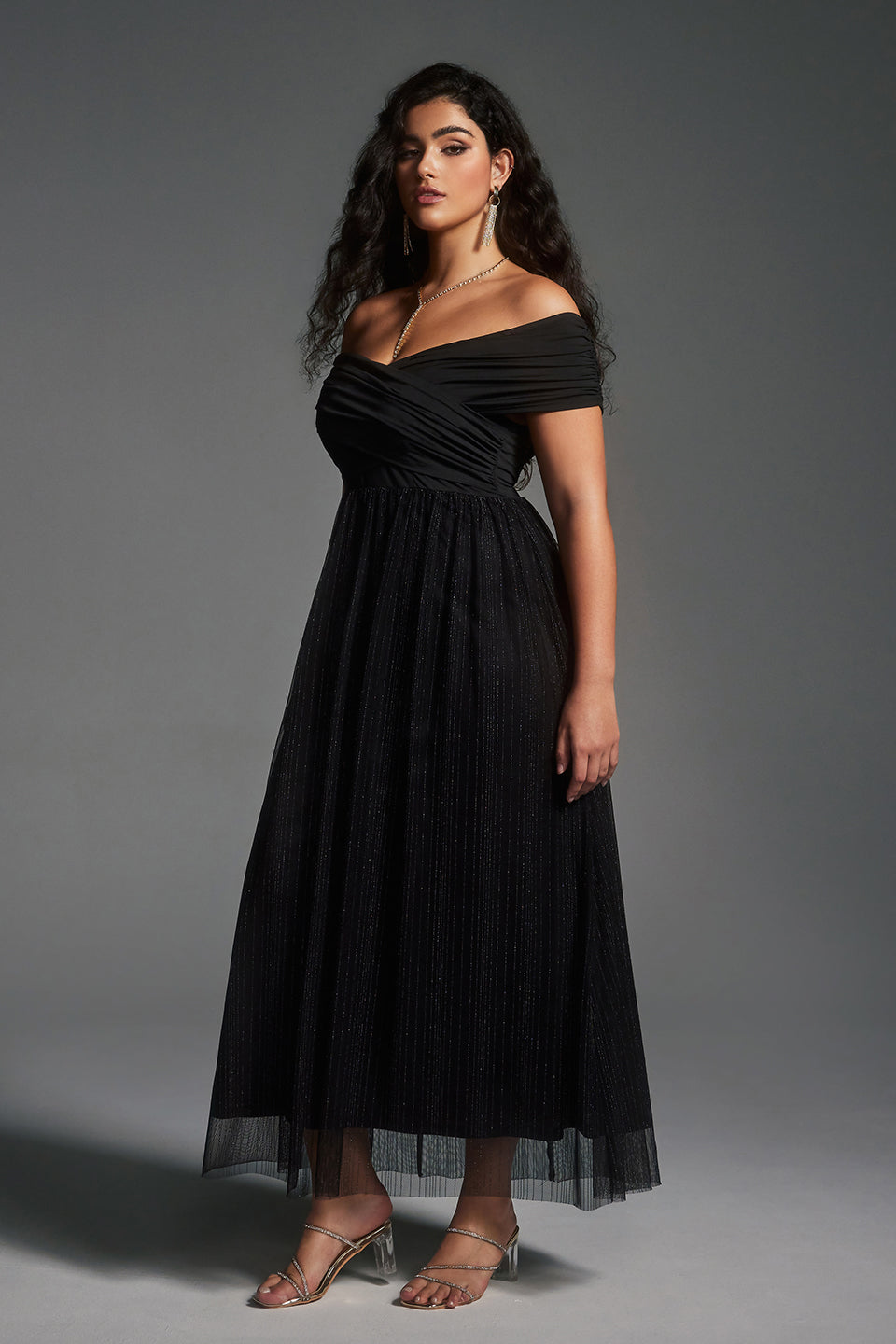 Vanessi Plus Size Patchwork Mesh Off Shoulder Maxi Dress