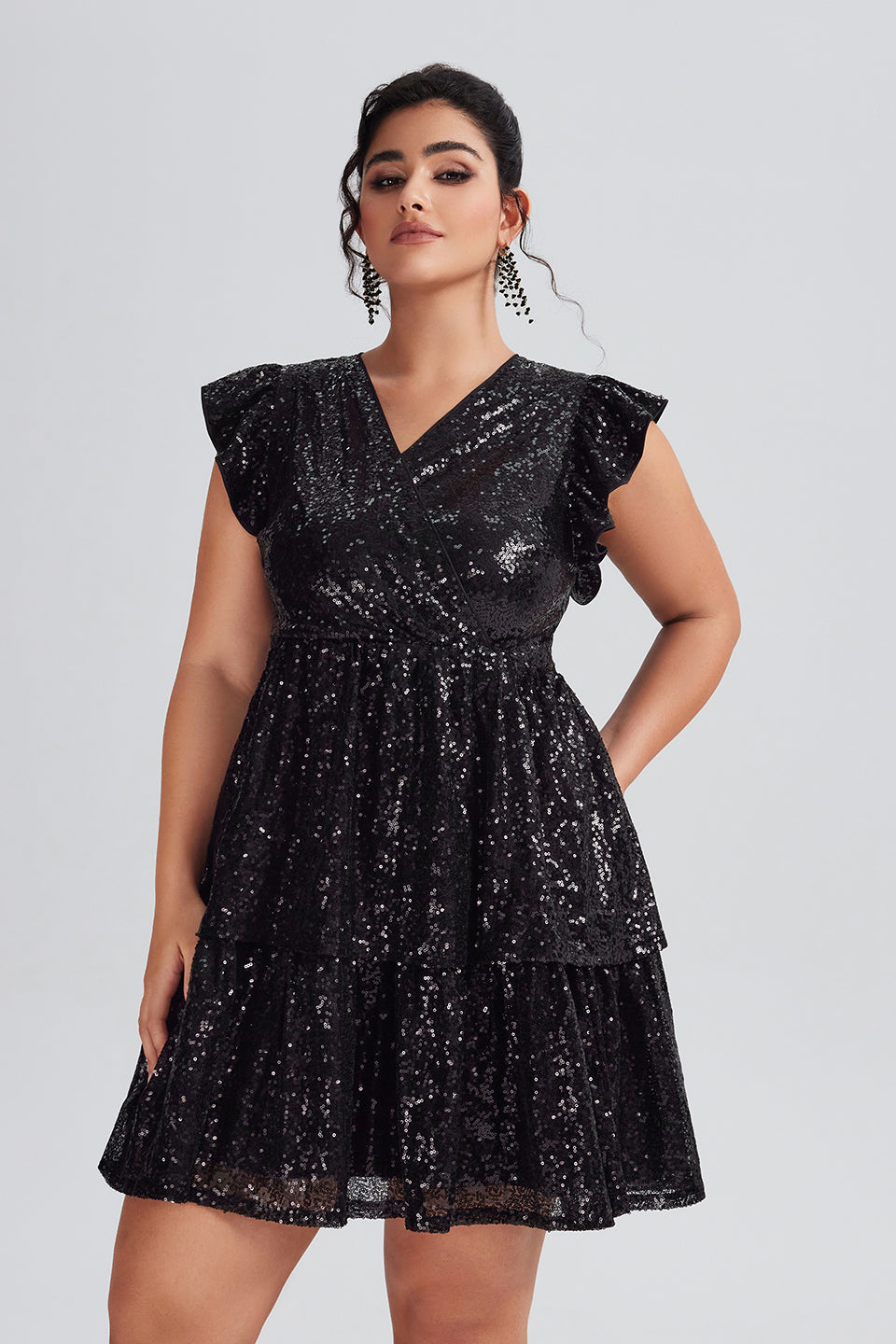 Vanessi Plus Size Flutter Sleeve Patchwork Sequin Dress