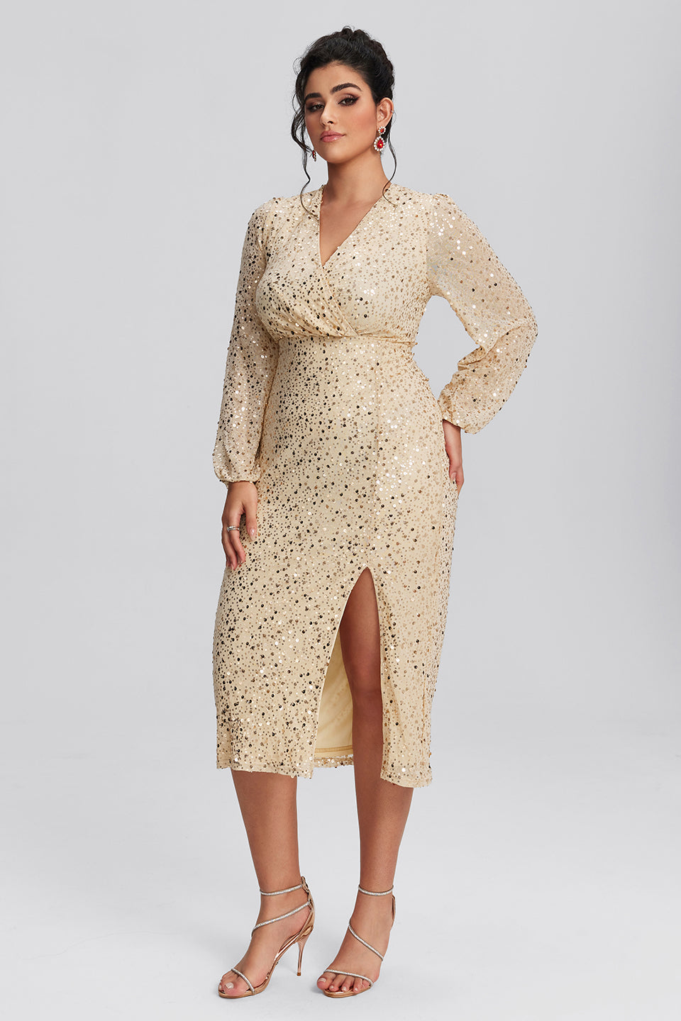 Vanessi Plus Size Embellished Sequin Elegant V-Neck Bodycon Dress