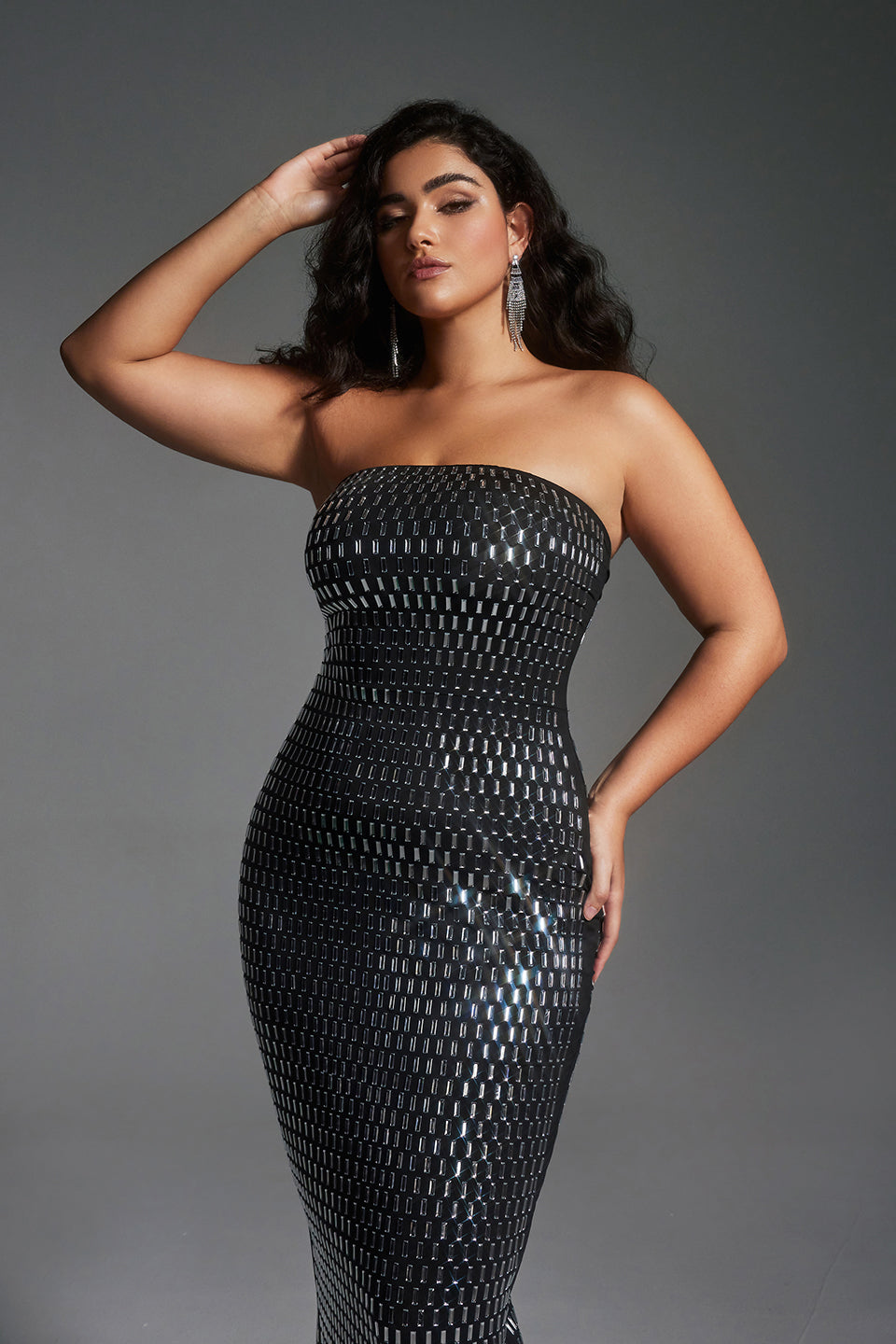 Vanessi Plus Size Strapless Metallic Rhinestones Sequin Maxi Dress