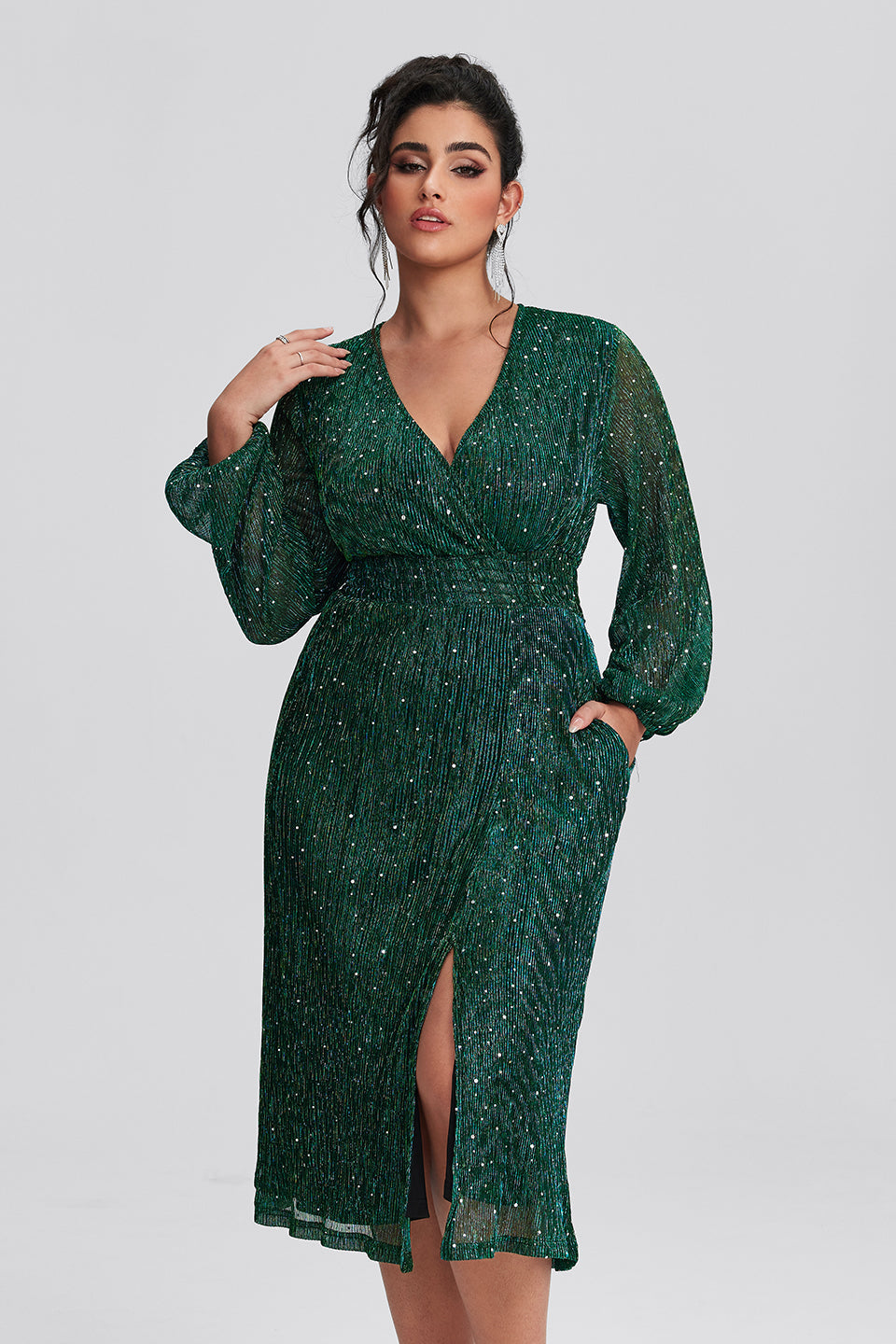 Vanessi  Plus Size Pocket Patchwork Mesh Sequin Slit Midi Dress