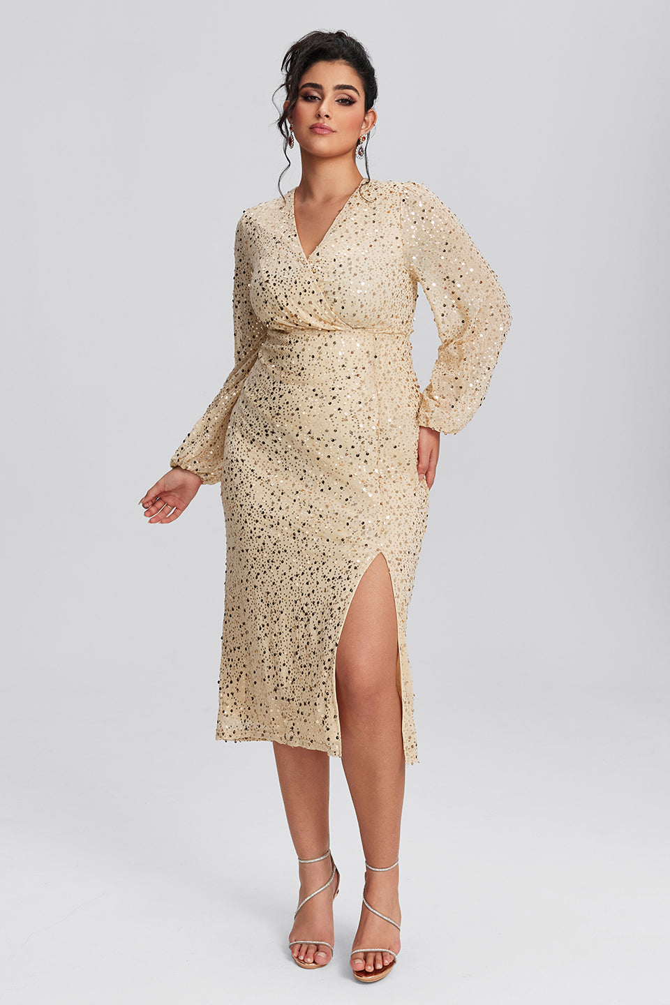 Vanessi Plus Size Embellished Sequin Elegant V-Neck Bodycon Dress