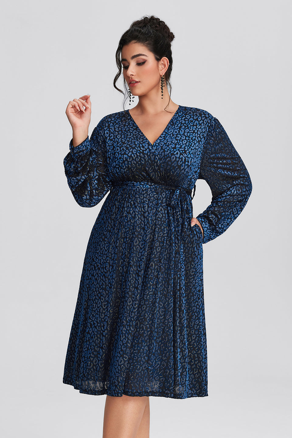 Vanessi Plus Size Leopard Velvet Wrap Midi Dress