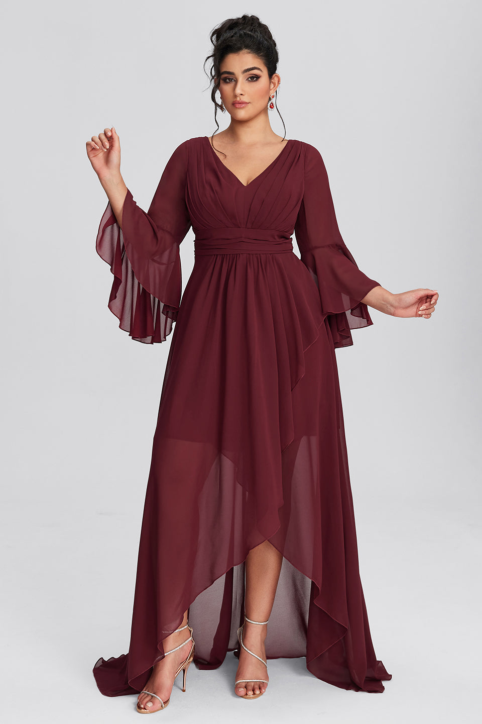 Vanessi Plus Size V-Neck Asymmetric Hem Elegant Long Sleeve Dress