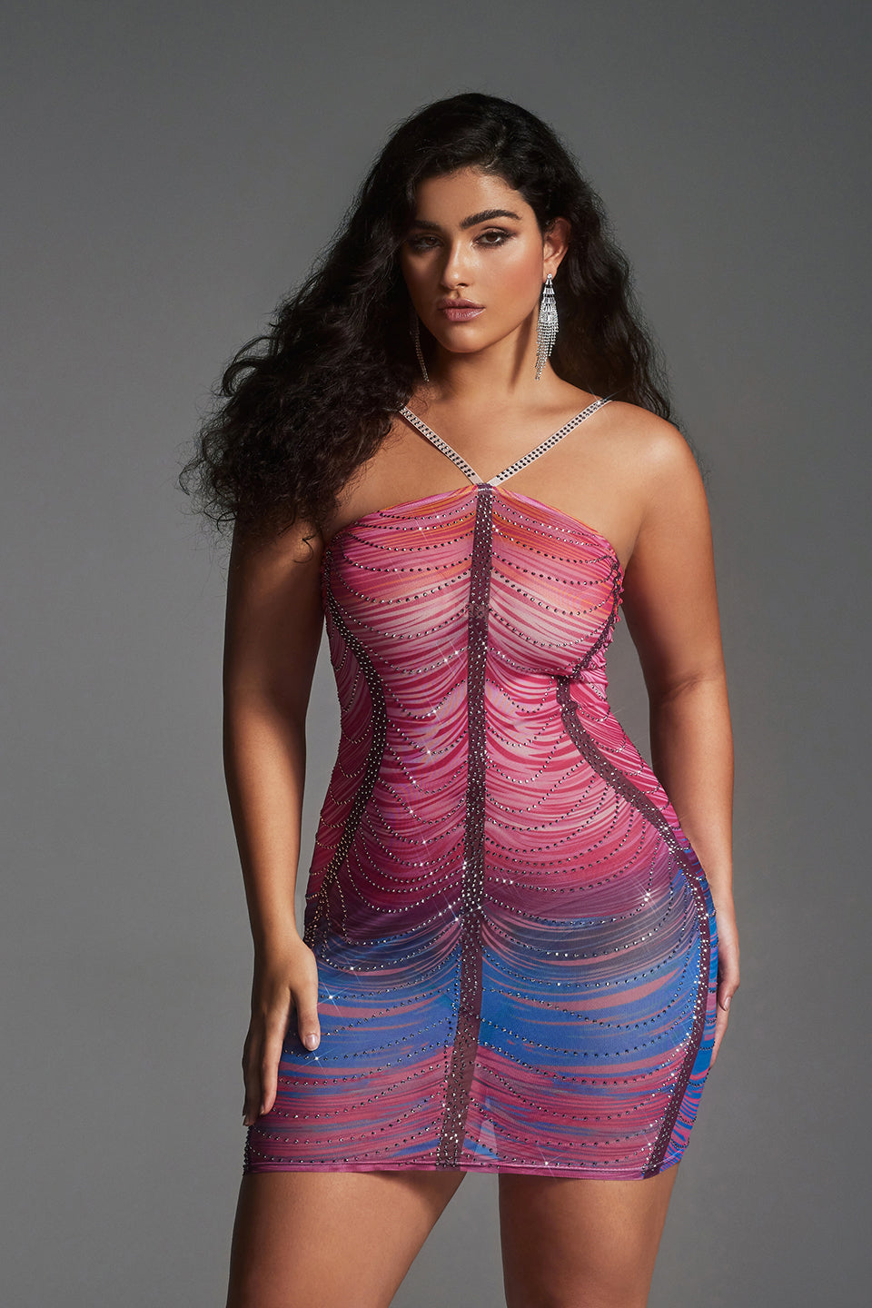 Vanessi Plus Size Halter Colorful  Rhinestone Ruched Bodycon Mini Dress