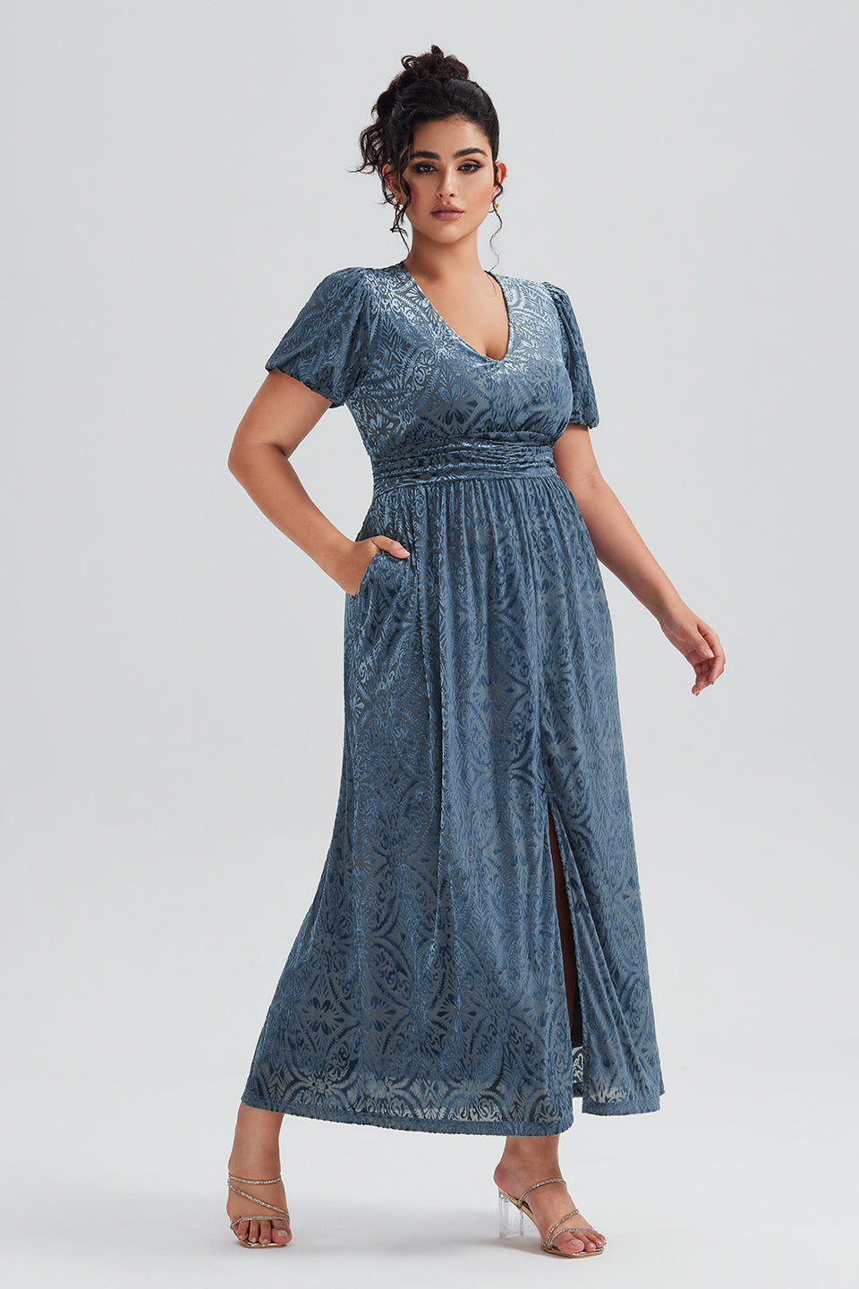 Vanessi Plus Size V-Neck Velvet Plain Maxi Dress