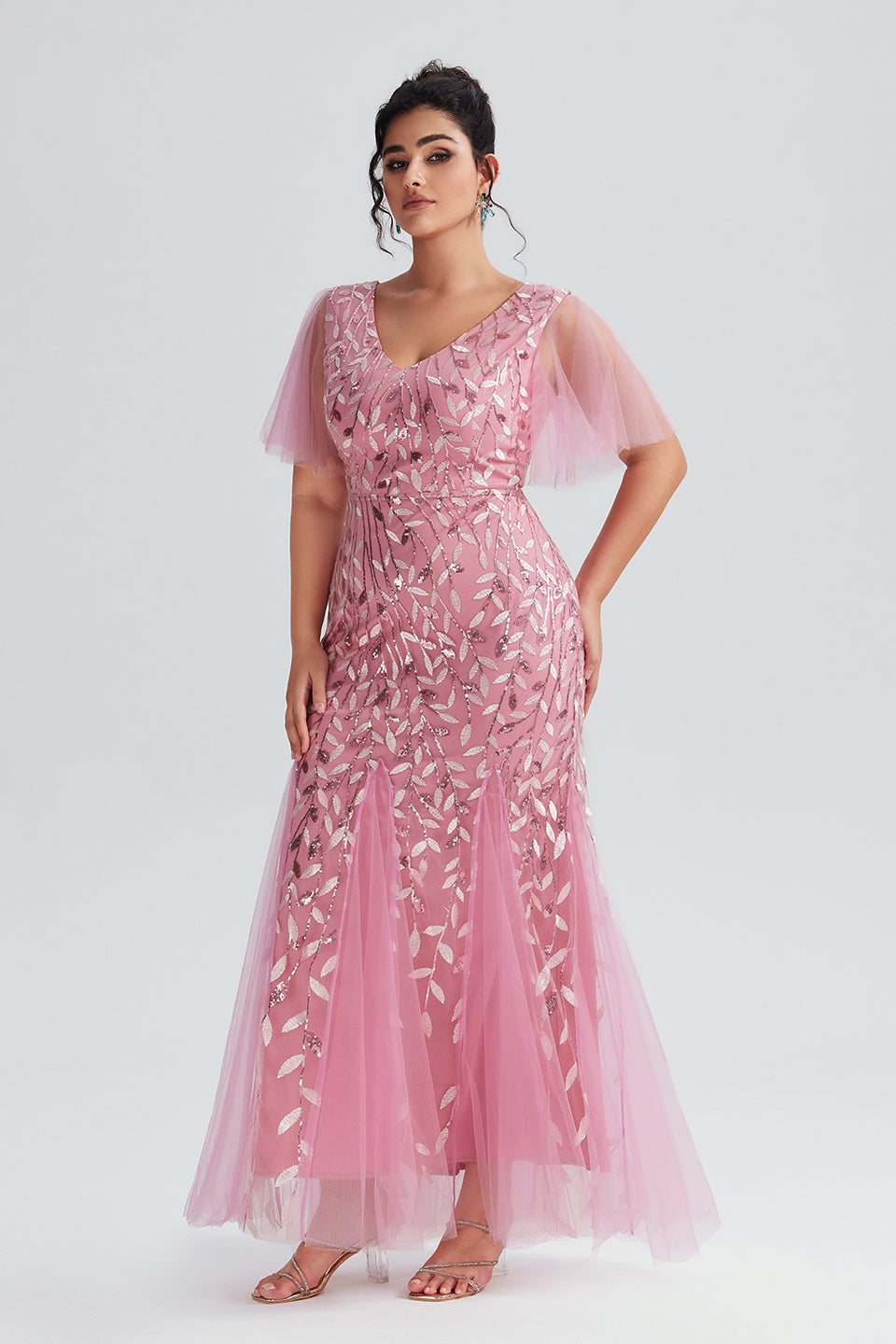 Vanessi Plus Size Elegant Embroidered Flutter Sleeve Sequin Mermaid Dress